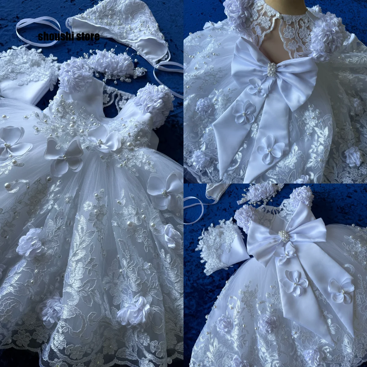 Robe de baptême en dentelle mignonne avec Bonnet, tenue blanche pour petites filles, robe de fête d'anniversaire, de mariage, à fleurs 3D