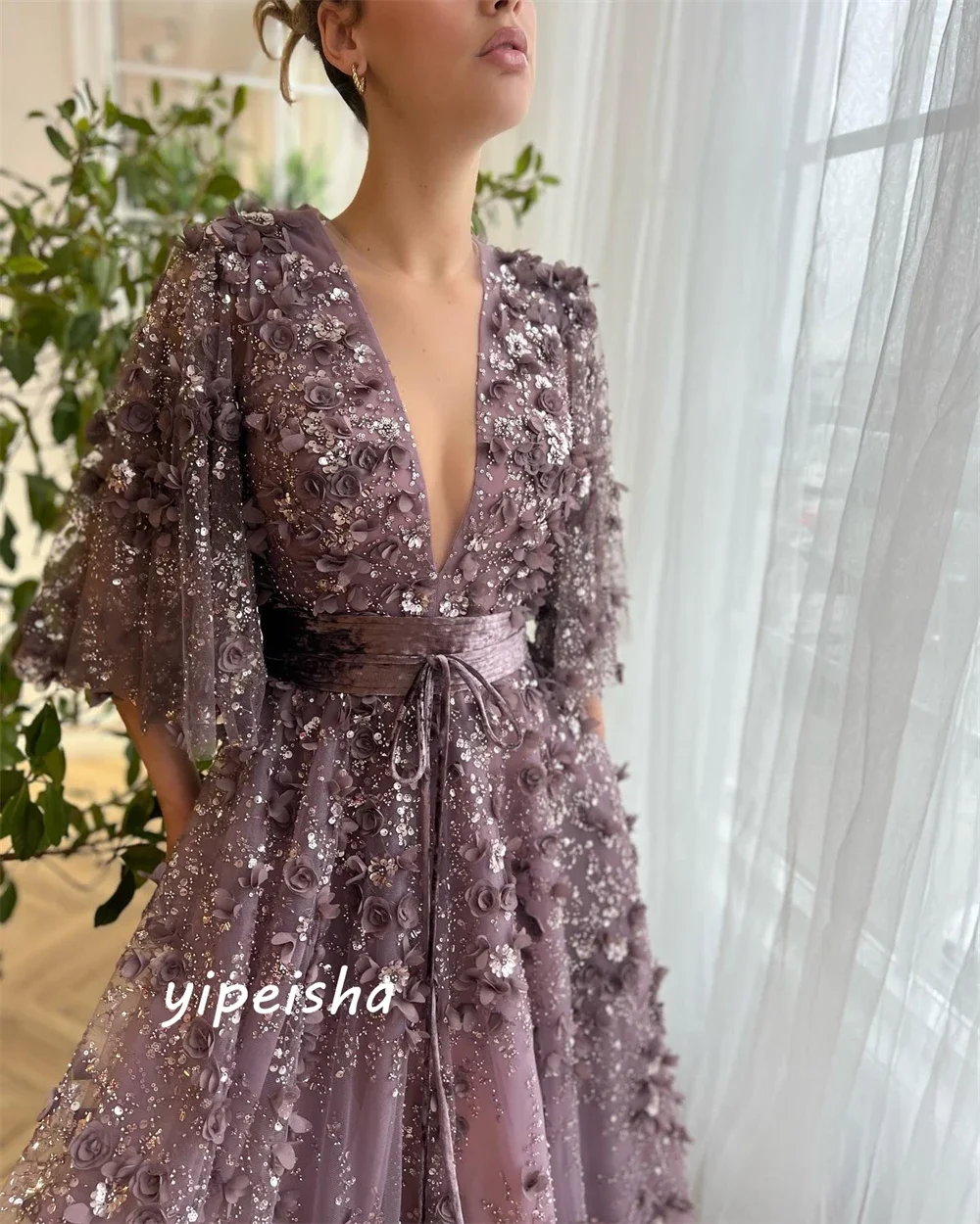 Personalizado jiayigong net applique strass formal noite a linha com decote em v sob medida ocasião vestido vestidos longos arábia saudita