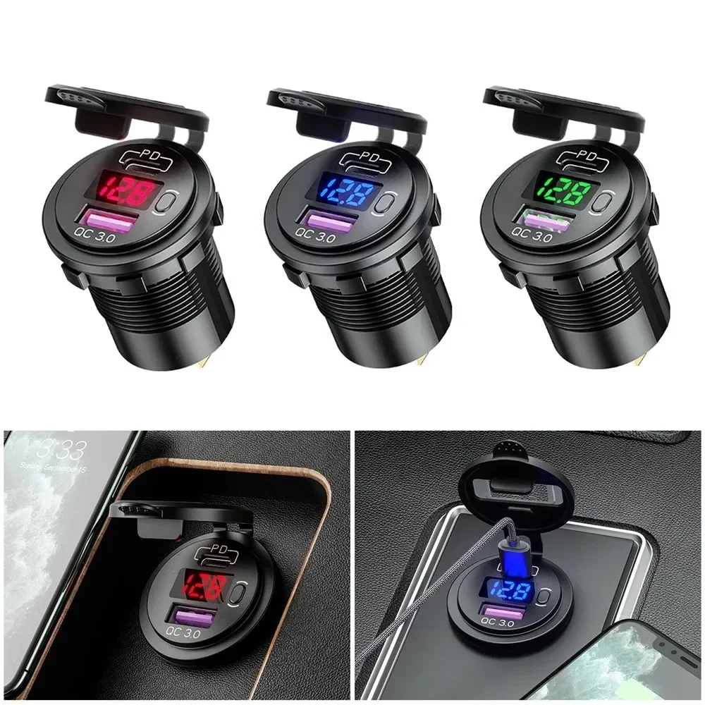 Soquete usb c para carregador de carro, 12v/24v, tomada usb dupla pd3.0 e qc3.0, porta usb para carro com voltímetro led e interruptor liga/desliga