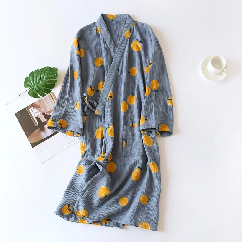 Japanischer Kimono-Morgenmantel für Frühling und Herbst, Damen, Baumwoll-Kreppstoff, dünner Sommer-Bademantel, Heimservice, Nachtwäsche, Bademantel