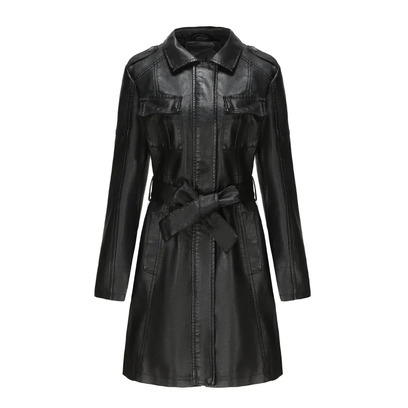 Trench-coat en Faux cuir pour femmes, col rabattu, manches longues, mi-long, à lacets, taille serrée, coupe cintrée, décontracté, régulier, solide