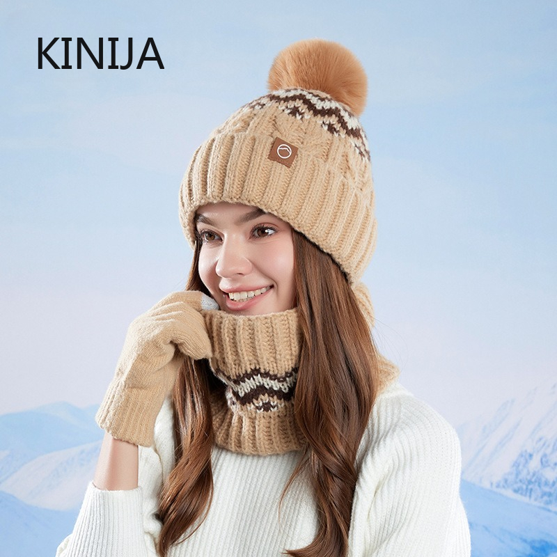 Women's Knitted Hat Beanie Cap Winter Coldproof Hat Scarf Gloves Sets Outdoor Warm Windproof Hat Fit Skiing Traveling Set