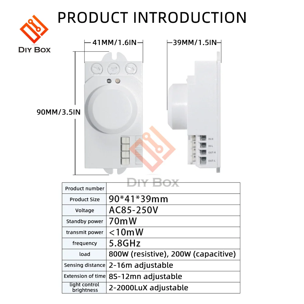 Interruptor de Sensor de Radar de microondas de 5,8 GHz, interruptor DIP/interruptor de perilla para ajustar el Sensor de movimiento PIR AC85-250V