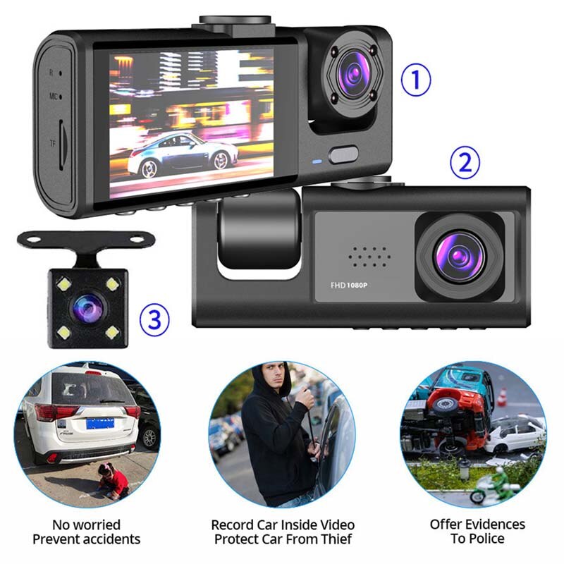 Kamera samochodowa z pętlą noktowizyjną na podczerwień i 2-calowym ekranem IPS 1080P 3, kamerą, rejestratorem DVR, rejestratorem wideo, rejestratorem samochodowym
