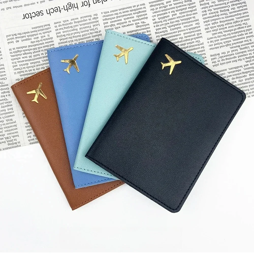 Capa porta-passaporte para homens e mulheres, unissex, dourada, avião, acessório de viagem, leve, à prova d'água, bloqueio rfid, suporte fino