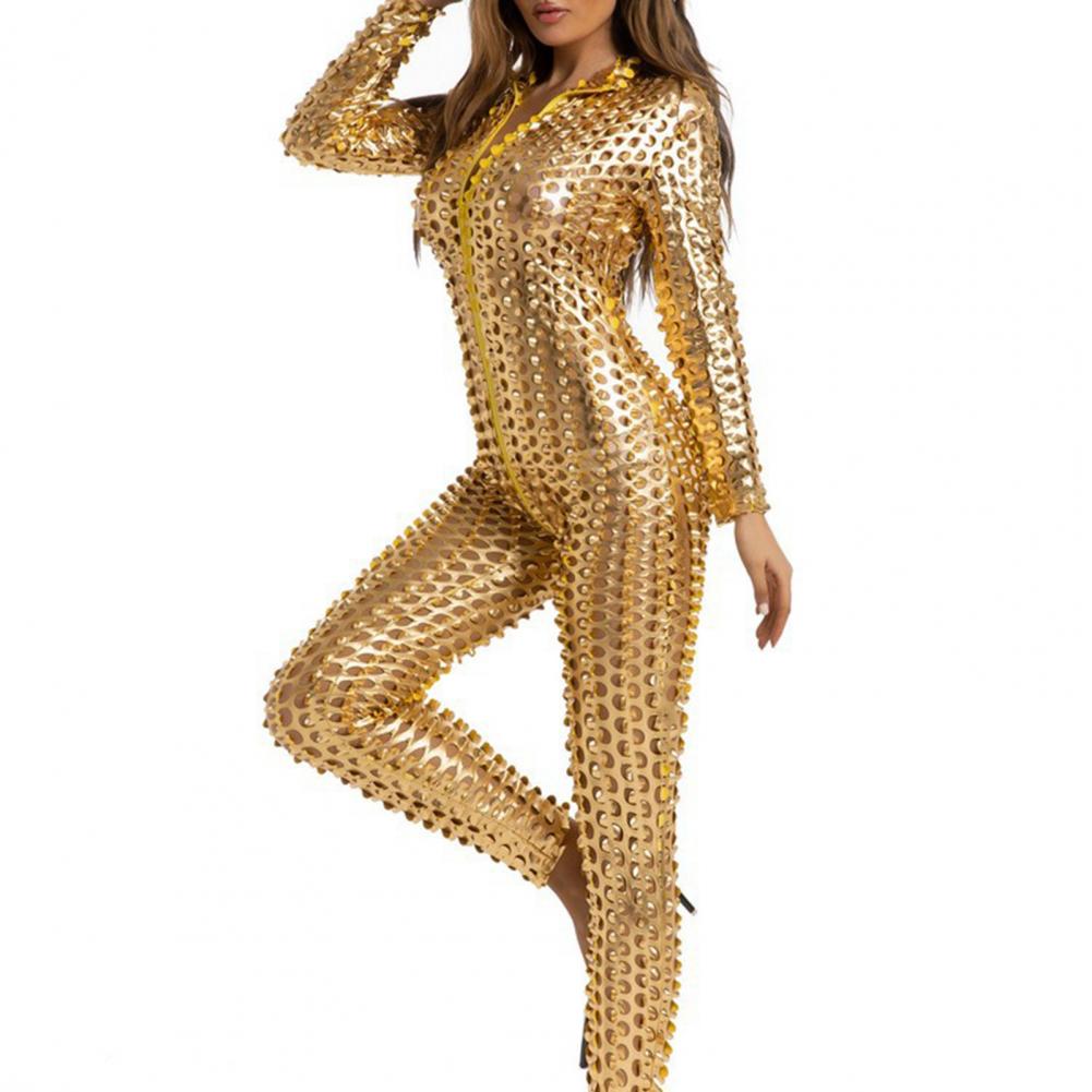 タイトなセクシーな女性ジャンプスーツ革中空アウト穴スキニースリム弾性ジッパー長袖コスプレ DJ ポールジャズダンスジャンプスーツ