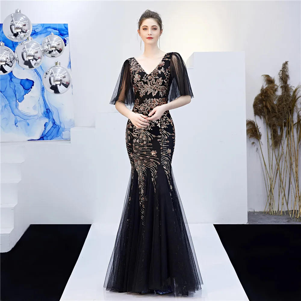 Vestido de noche personalizado con manga Shour, vestido Formal de encaje de tul, vestidos de fiesta de sirena con lentejuelas