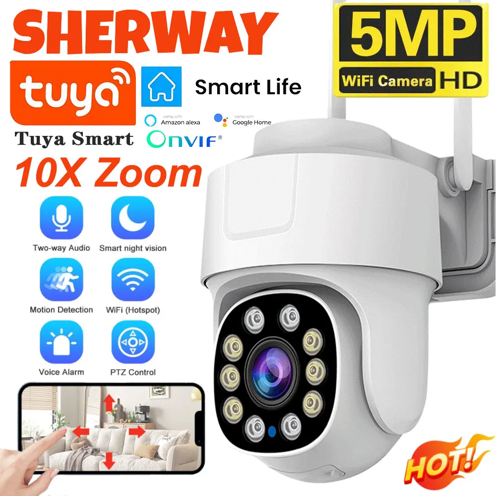 Cámara Wifi con Zoom PTZ 10X, videovigilancia inteligente de seguridad para el hogar para exteriores, cámaras IP inalámbricas de 5MP, seguimiento humano automático AI