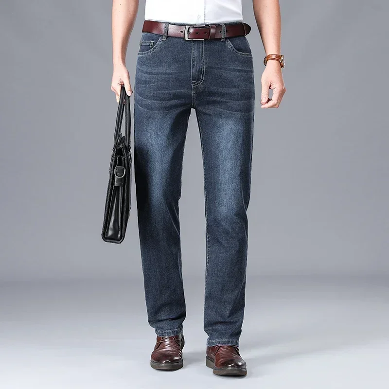 Pantalones vaqueros elásticos de algodón para hombre, Material fino o grueso, moda gris, cómodos, informales, de negocios, de cintura alta, 2024