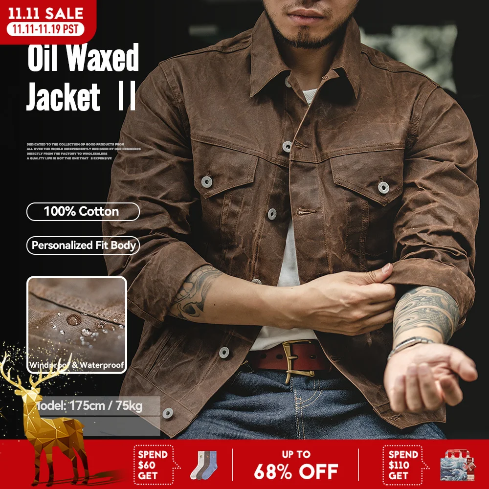 Maden retro pesado lona óleo encerado jaqueta de algodão à prova dwaterproof água caça casaco masculino primavera cáqui casual trabalho safari estilo jaqueta
