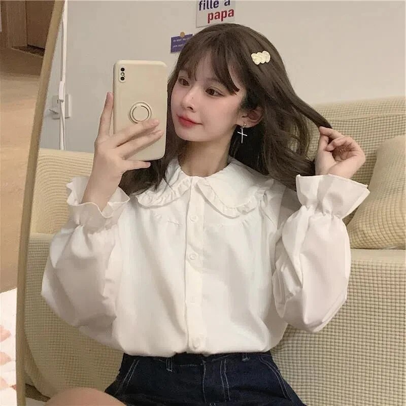 Gidyq Vintage Damen Weißes Hemd Adrette Mode Elegante Weibliche Langarmbluse Y2K Süße Kawaii All Match Shirts