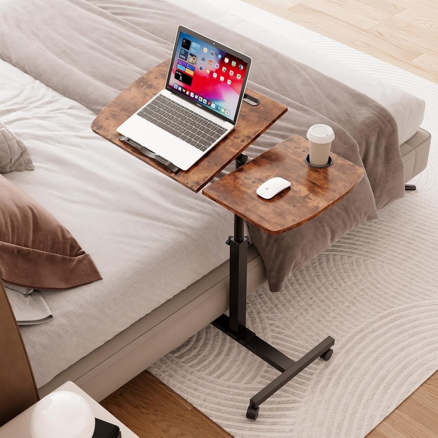 Height Adjustable Rolling Laptop Desk Over-bed Table with 2 Tilting Desktops, Mobile Bedside Sofa Side Table Standing Desk