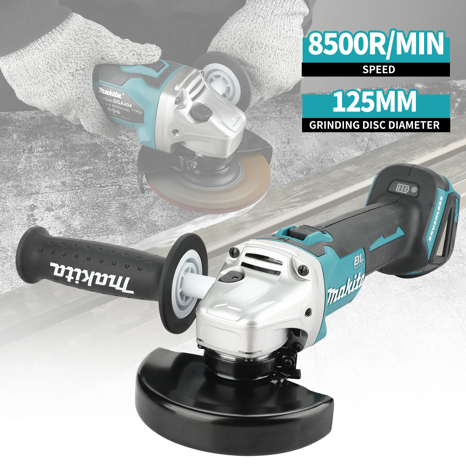 Makita DGA404 angle grinder tool kit, brushless motor, for metal processing, with ergonomic handle and portable transport bag