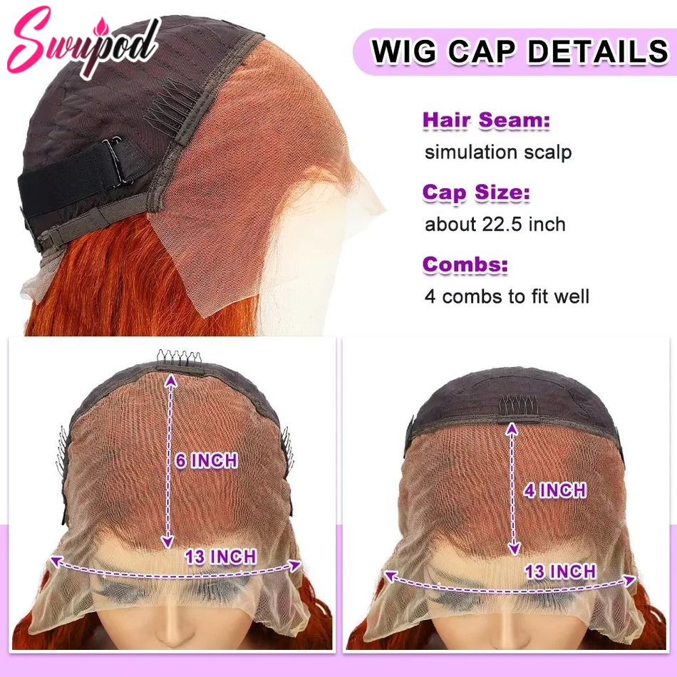 Swupod-Transparente HD Lace Front Wig para Mulheres, Onda Profunda, Remy Cabelo Humano, Ginger Cor Laranja, Glueless, 13x4, 13x6, 200 Densidade
