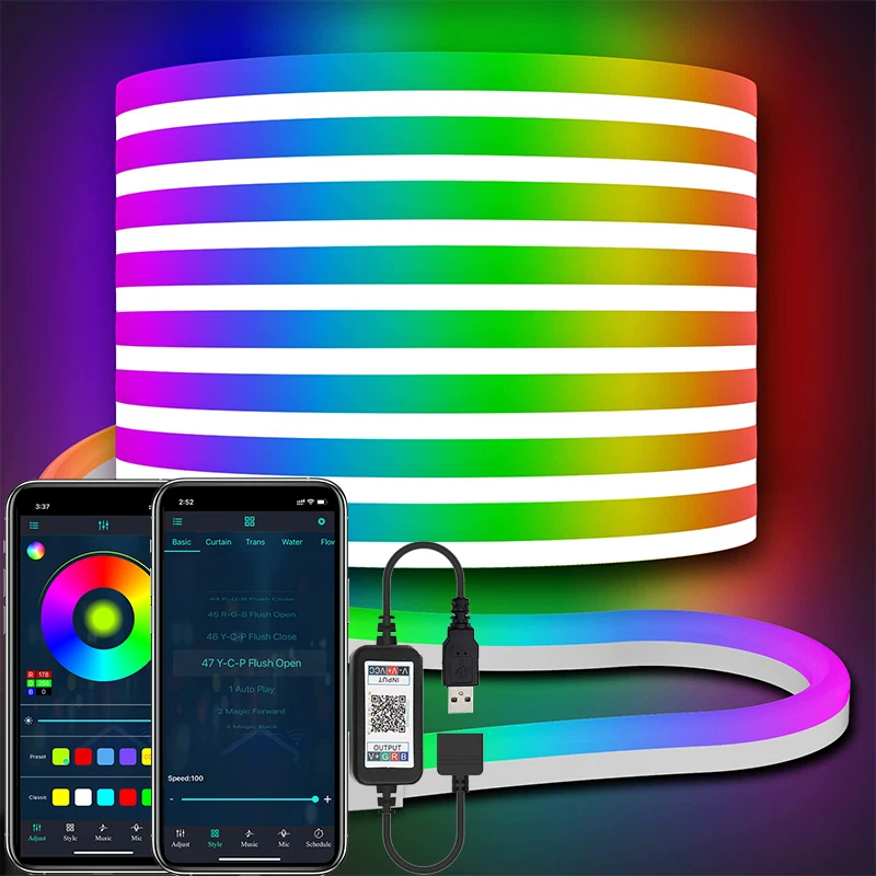 LED z Bluetooth Neon światła linowe 16,4 stopy RGB wąż świetlny LED 5V kontrola aplikacji zmieniająca kolor lampka linowa, światła neonowy pasek LED do gier