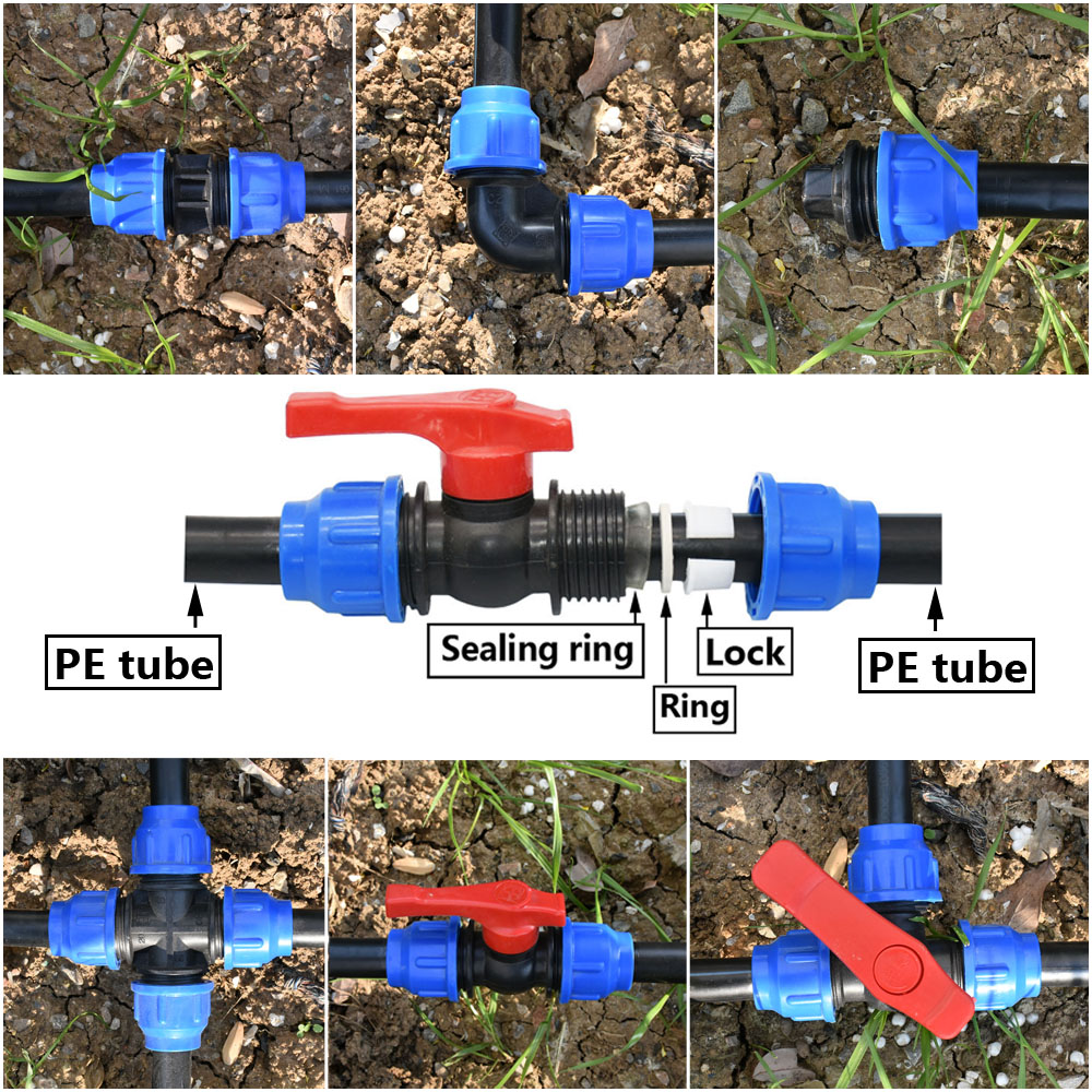 Conector de grifo de tubo de PE de plástico, divisor de agua en T, válvula rápida, acoplador de riego, conector de codo recto, 20/25/32/40/50/63mm