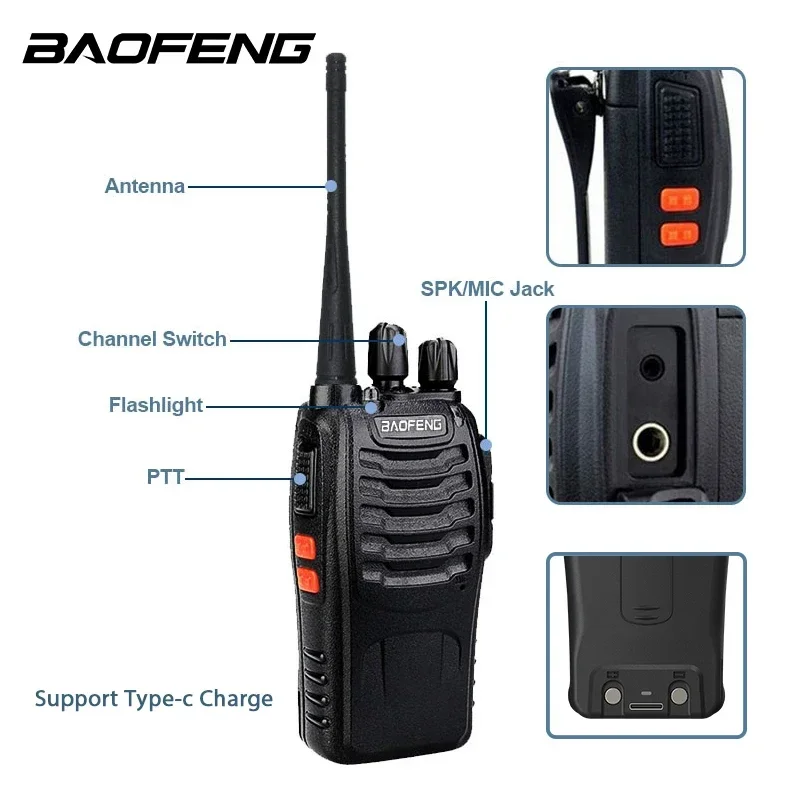Baofeng BF-888S Walkie Talkie With 888S Six Way Charger EU/US/UK UHF Portable Amateur Long Range Mini Two Way Radios Type-C Jack
