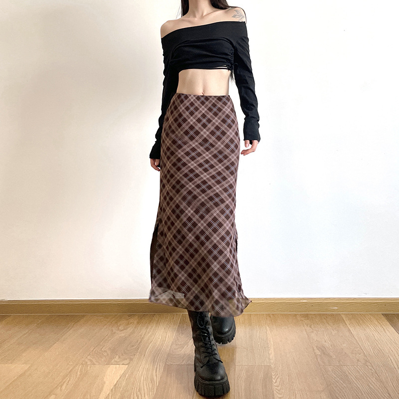 Vrouwen Lente Herfst Plaid Print Wrap Heupen Rokken Mode Enkellange Sexy Slanke Kokerrokken Preppy Stijl Meisjes Slit midirok