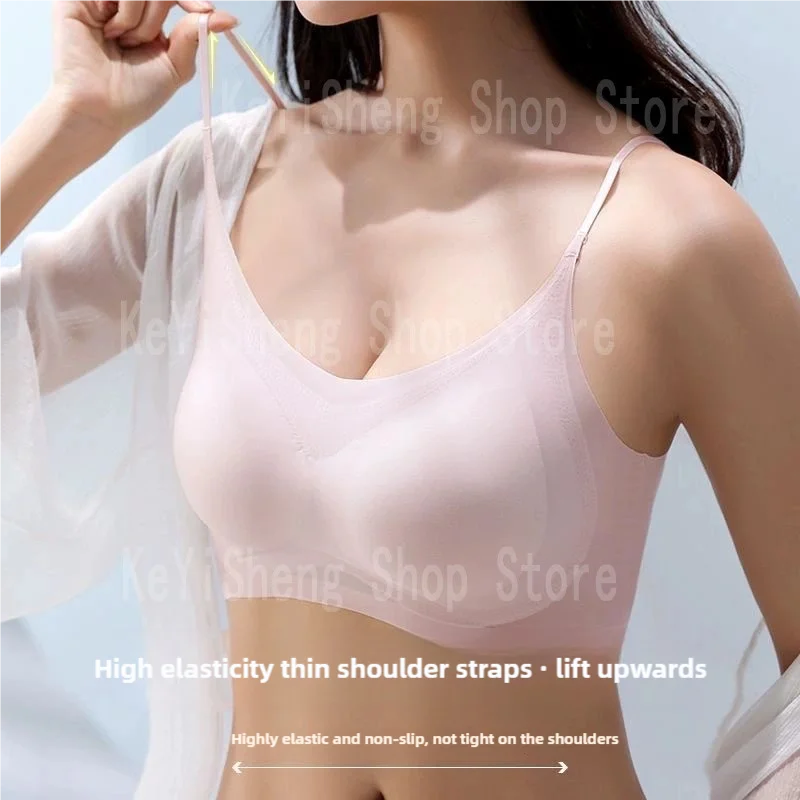 Sujetador de seda de hielo transpirable para mujer, lencería sin costuras con cuello halter en la espalda, sujetador envolvente, pechos pequeños, sexy y cómodo