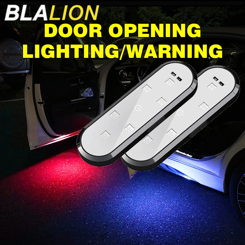 Blalion 1/2pc luz de advertência da porta do carro led anti-colisão explosão piscando luz indutiva atmosfera bem-vinda luz fiação livre