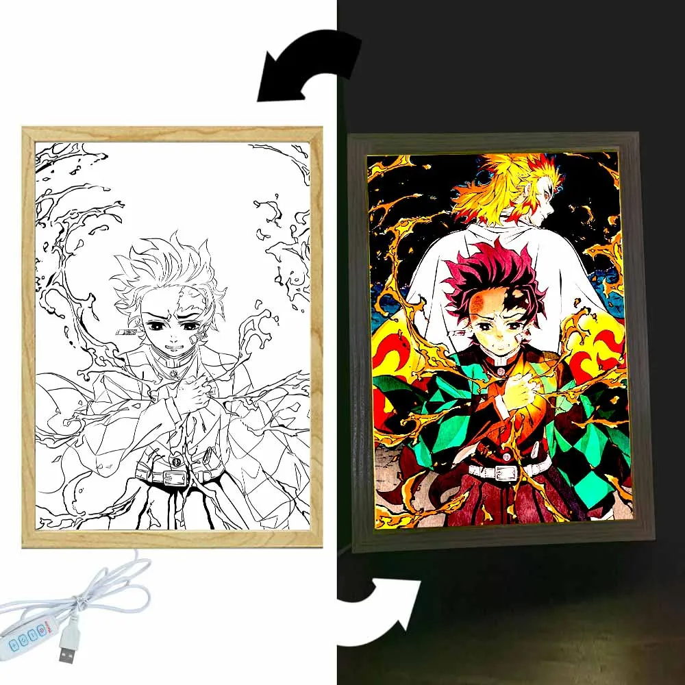Anime Figura Luce Pittura Cornice per foto Demoni Slayer Kimetsu No Yaiba Tanjirou Azione Lampade a LED Arredamento camera da letto Regali di Natale