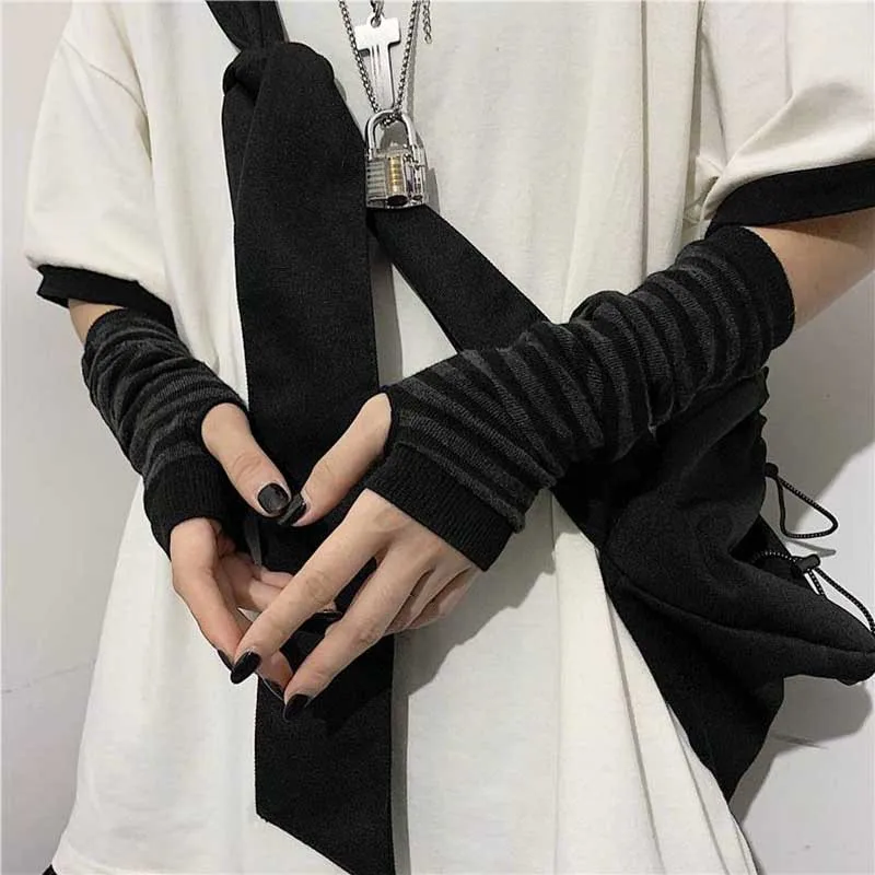 Guantes largos sin dedos Punk negros para hombre y mujer, guantes deportivos Ninja para exteriores, guantes de Hip-hop, manoplas para codo, calentador de brazo elástico fresco para invierno