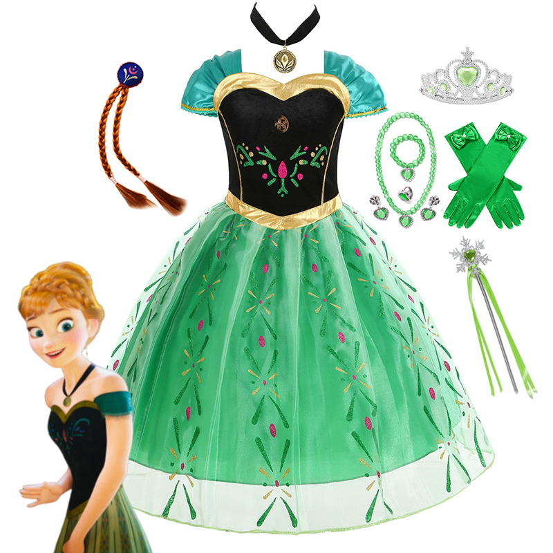 Disney Green Anna Dress for Kids Girl Halloween Princess Disguise Party Clothing Girls Hallloween Anna Gown Prom Dress