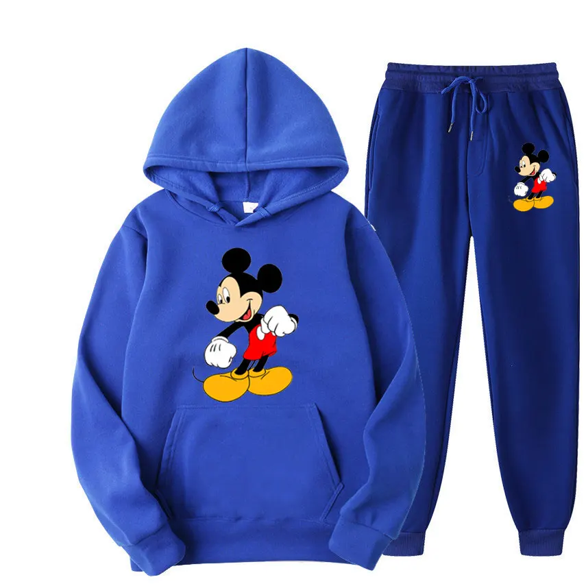 Mickey mouse dos desenhos animados anime feminino moletom moletom conjunto nova moda masculina pulôver calças terno outono casal moletom com capuz conjuntos de calças