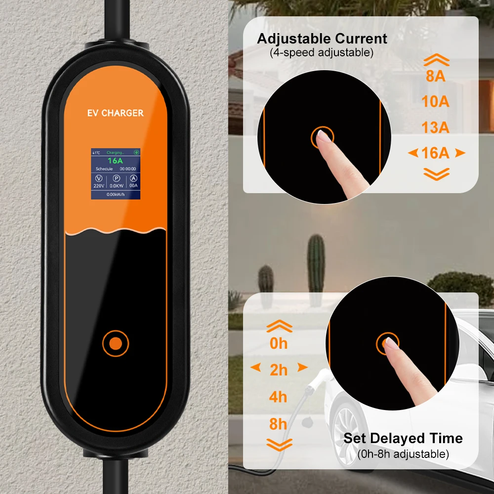 Przenośna ładowarka do pojazdów elektrycznych 3,5 kW Typ 2, 16 A, 1 faza, wtyczka EU, EVSE, regulacja prądu ładowania pojazdów elektrycznych 8 A-10 A-13 A-16 A
