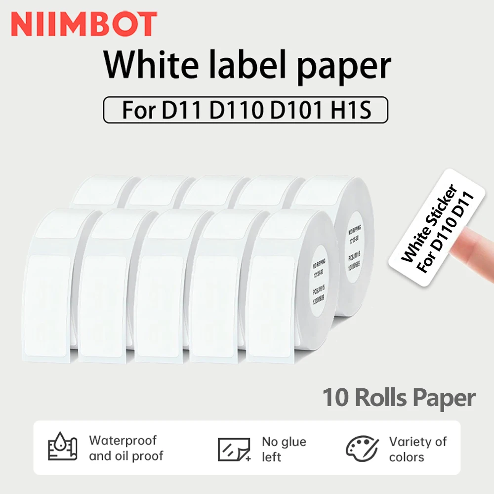 1/10 롤 NIIMBOT D 시리즈 열 라벨 용지 스티커 Niimbot D110 D11H 미니 휴대용 프린터 용 흰색 자체 접착 라벨