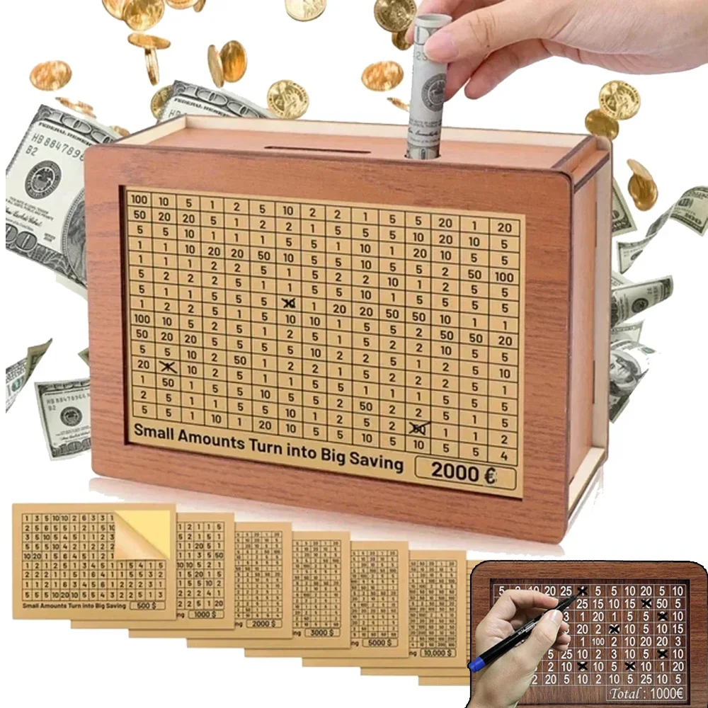 Tirelire en bois 1000/2000/3000/5000 euros avec tirelire réutilisable avec but d'épargne et boîtes à numéros