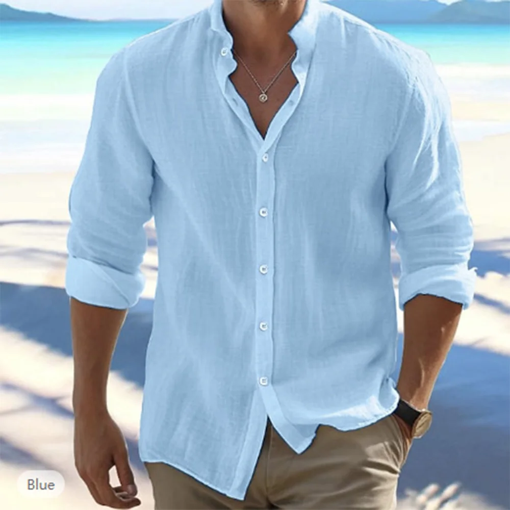 Men's Long-Sleeved Cotton Linen Summer Hot Sale Beach Style Shirts Solid Color Casual Versatile Stand-Up Collar Shirt Male Top
