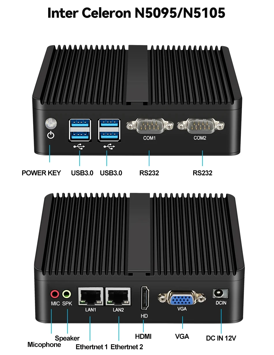 Mini PC Industrial sin ventilador Celeron J6412 Core i3-5005U Dual LAN 2 * COM HDMI WIFI Windows 10 Nettop ordenador de oficina minipc de escritorio