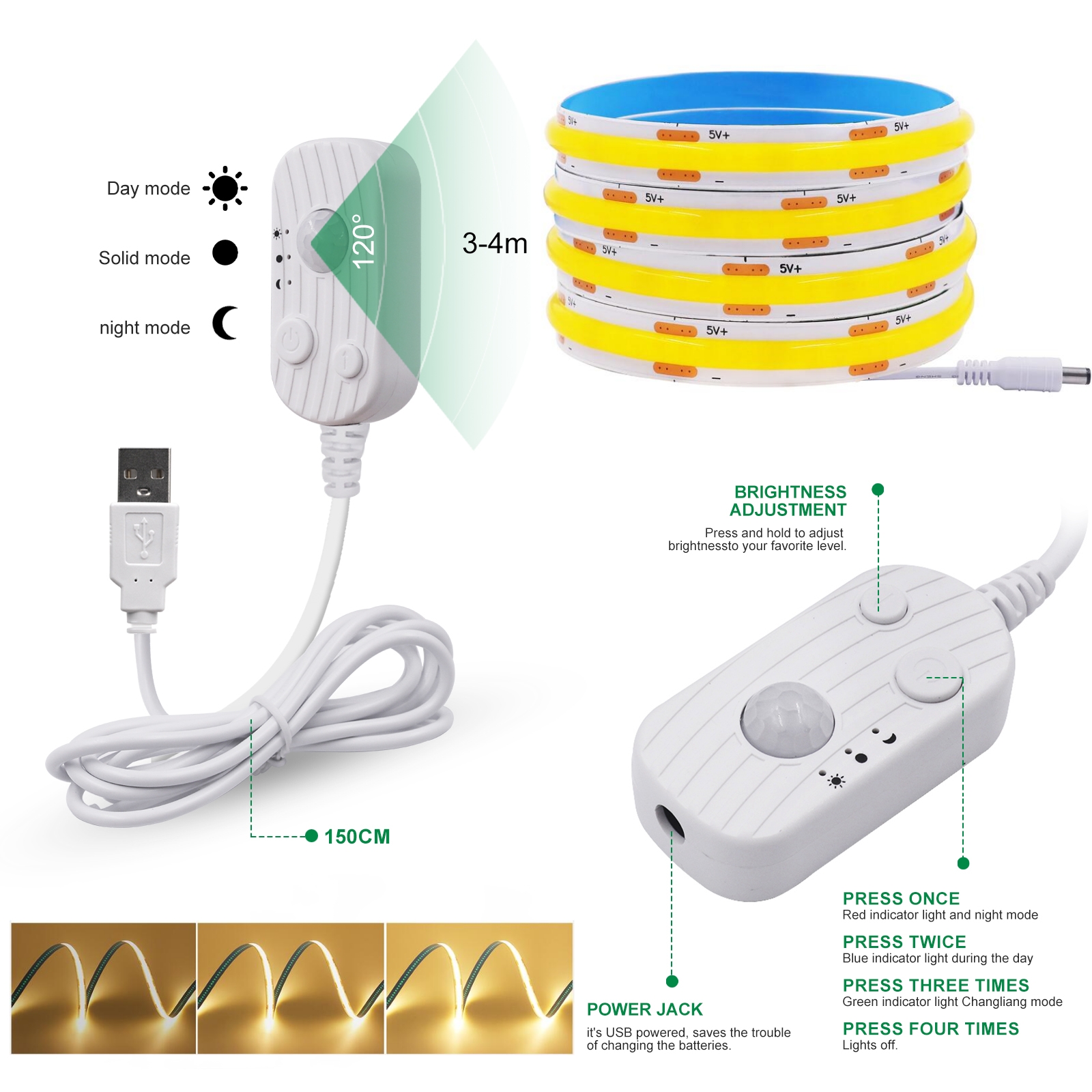 5V Dimmbare Batterie Box USB COB LED Streifen Licht PIR Motion Sensor 320LEDs/M Flexible LED Band Band für Treppen Schrank Küche