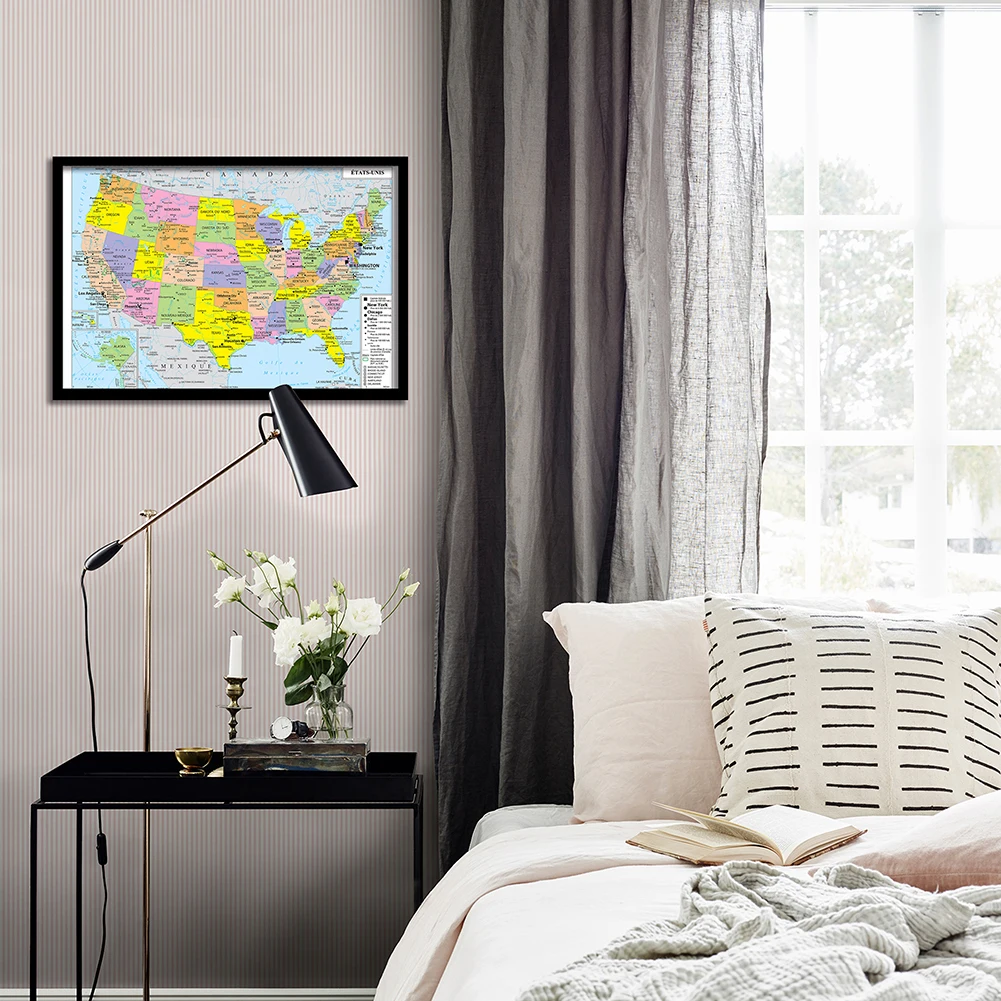 59*42Cm Hoa Kỳ Bản Đồ Chính Trị Với Chi Tiết Trong Tiếng Pháp Trang Treo Tường Tranh Canvas Đồ Dùng Học Tập trang Trí Nhà Cửa