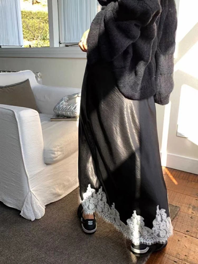 Satin Lace Patchwork Midi Skirt 2025 Women A-line Elegant Smooth Skirt Women Clothing