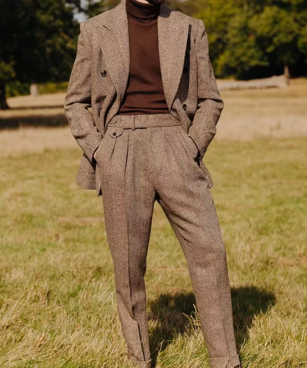 Herrenanzug mit Fischgrätenmuster, 2-teilig, modisches Revers, zweireihig, Smoking, Bräutigam, Blazer, Hosen, Party, Business, maßgeschneidertes Set, heißer Verkauf