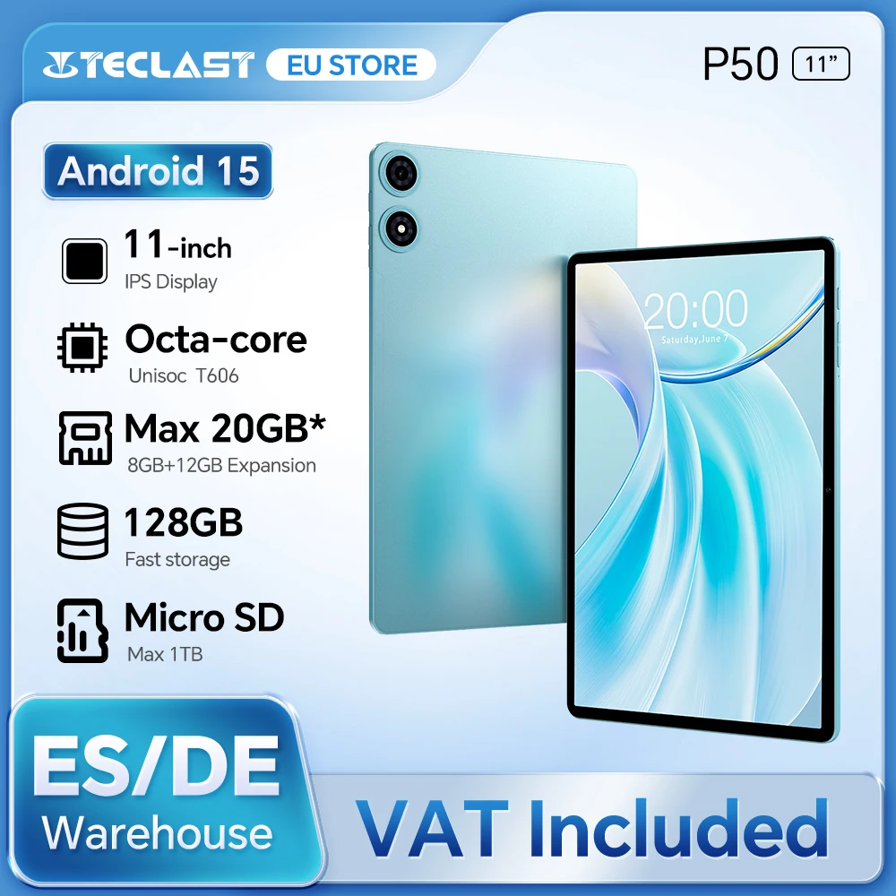 Teclast P50 Android 14 Tablet 11 "IPS Max 14GB RAM 128GB ROM Unisoc T606 8 núcleos 13MP Cámara 8000mAh Tipo-C 4G LTE SireV Rheinland