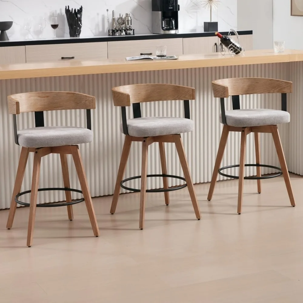 Modern Grey Linen Upholstered 360-Degree Swivel Bar Stool Set of 3 - 26" Counter Height with Footrest & Backrest - Ideal