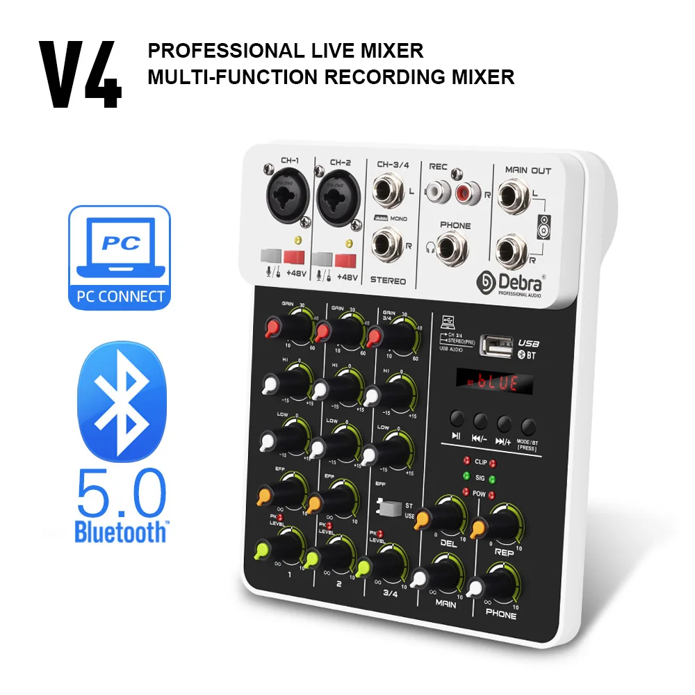 Mezclador de interfaz de audio V4 con computadora de grabación USB Bluetooth Efectos de reproducción de retardo de energía fantasma de 48 V, mezclador de audio de 4 canales
