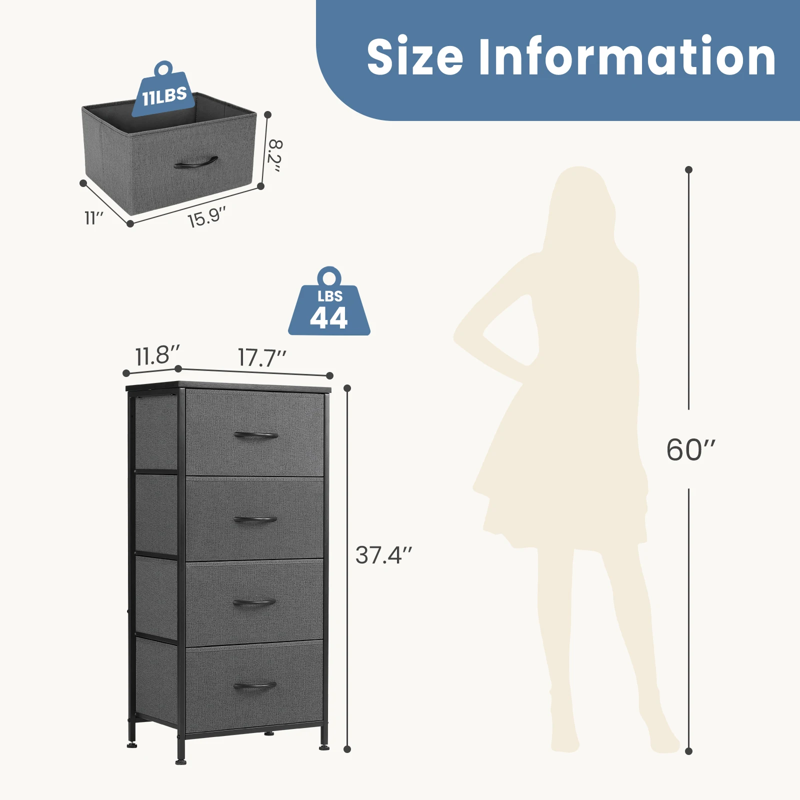 JHK Comò per camera da letto con 4 cassetti in tessuto Comodino Armadio con struttura in acciaio per armadio portaoggetti di mobili