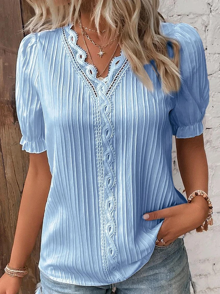 2024 sommer Neue frauen Bluse Top Solide Sexy V-ausschnitt Hohl Kurzarm Mode Splice Plus Größe Lose Straße Bekleidung hemd