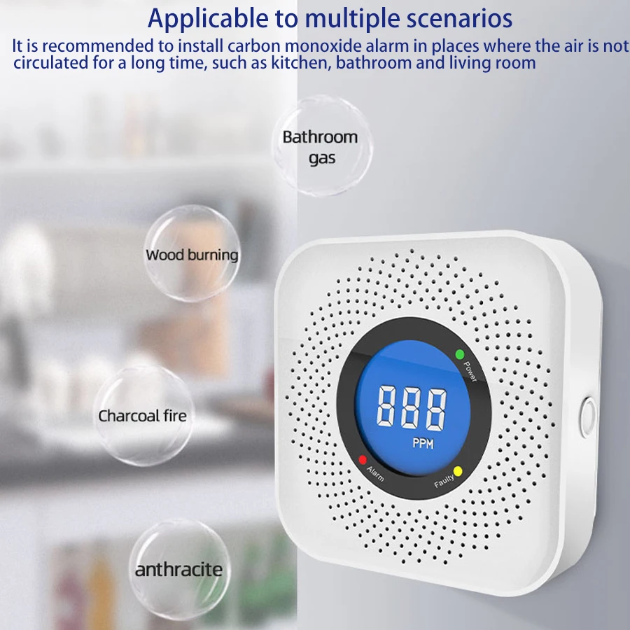 PGST 008 Tuya WiFi Smart Carbon Monoxide Detector Alarm 85dB Sound Warning LCD Digital Display Home Indoor CO Poisoning Siren
