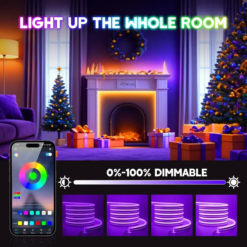 10M/20M/30M RGB LED Neon Rope Lights Music Sync Control with App/Remote Flexible Lamp Color Change Waterproof for Indoor Outdoor