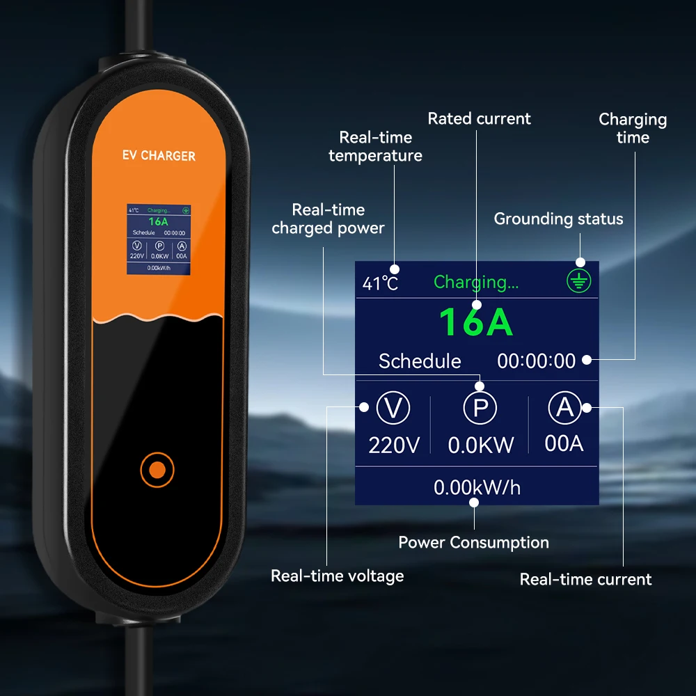 Przenośna ładowarka do pojazdów elektrycznych 3,5 kW Typ 2, 16 A, 1 faza, wtyczka EU, EVSE, regulacja prądu ładowania pojazdów elektrycznych 8 A-10 A-13 A-16 A