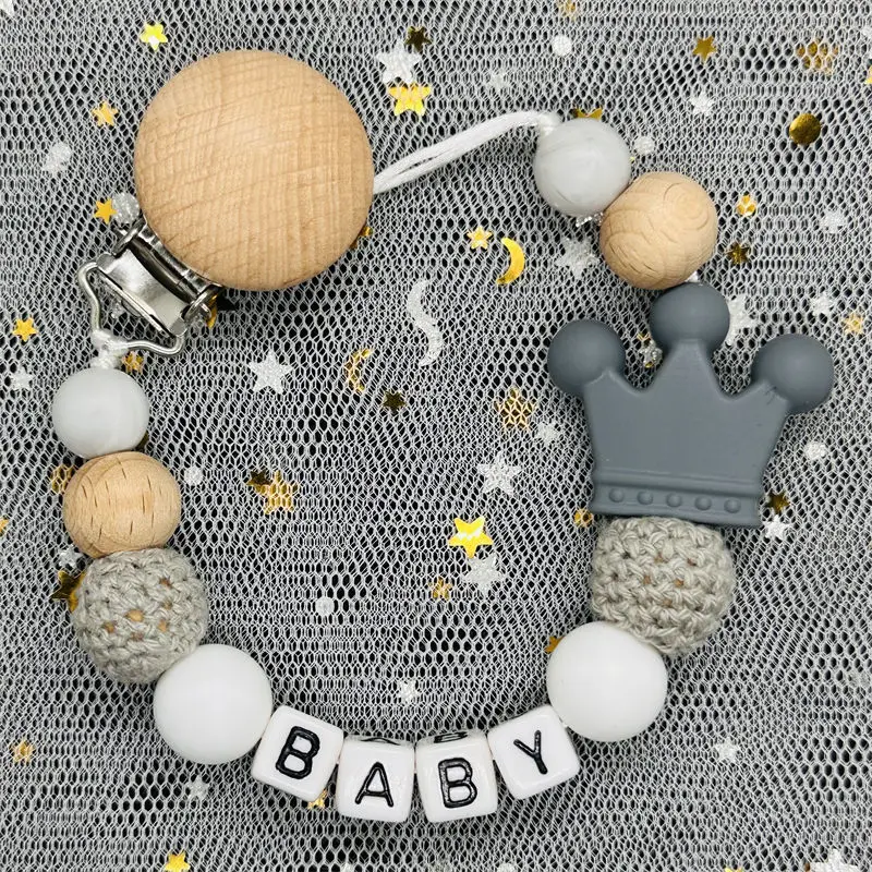 NEW Custom Personalized Name Pacifier Clip Handmade Beech Wooden Chain Silicone Crown Holder Soother Baby Teething Toy Chew Gift
