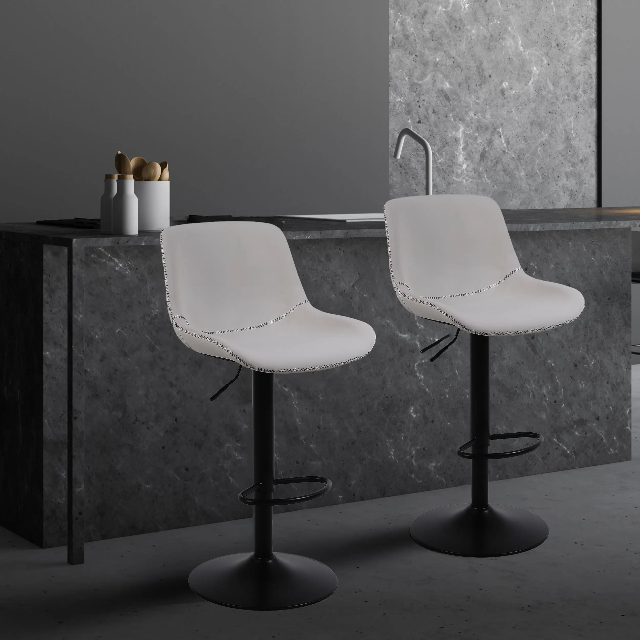 Conjunto de 3 bancos de bar, bancos de bar giratórios com altura de balcão e encosto, cadeiras de bar modernas ajustáveis, couro PU alto sem braços