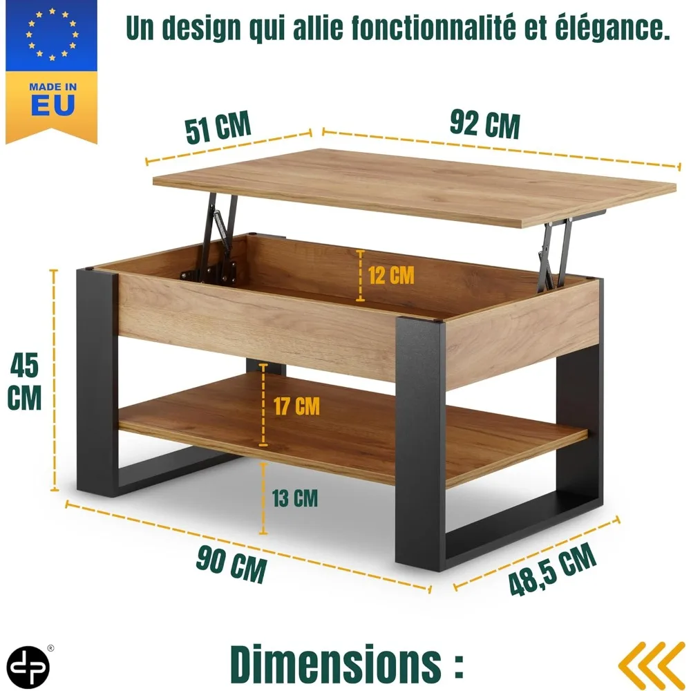 table basse relevable avec rangement - table de salon industrielle moderne - table basse avec étagère et compartiment caché - fabriquée