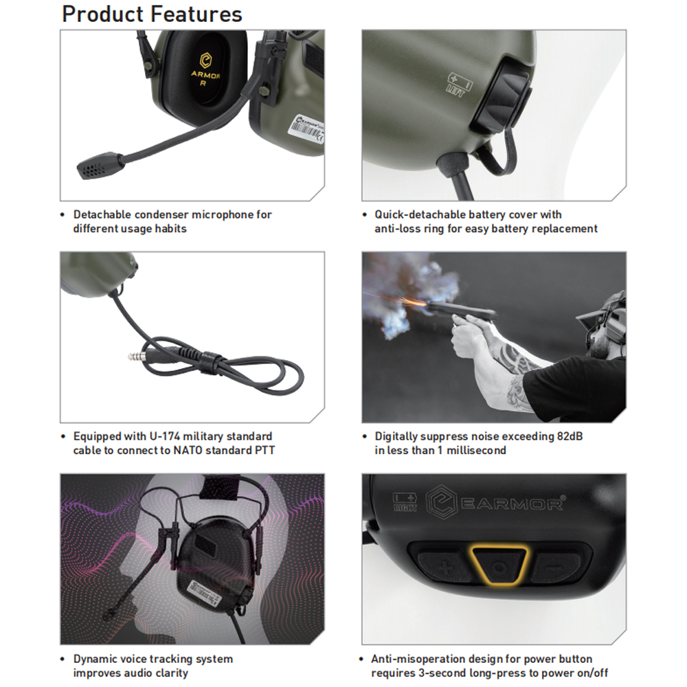 Original EARMOR ยุทธวิธีอิเล็กทรอนิกส์ยิง Earmuff M32 กีฬากลางแจ้งป้องกันเสียงรบกวนชุดหูฟัง Sound Amplification สําหรับล่าสัตว์