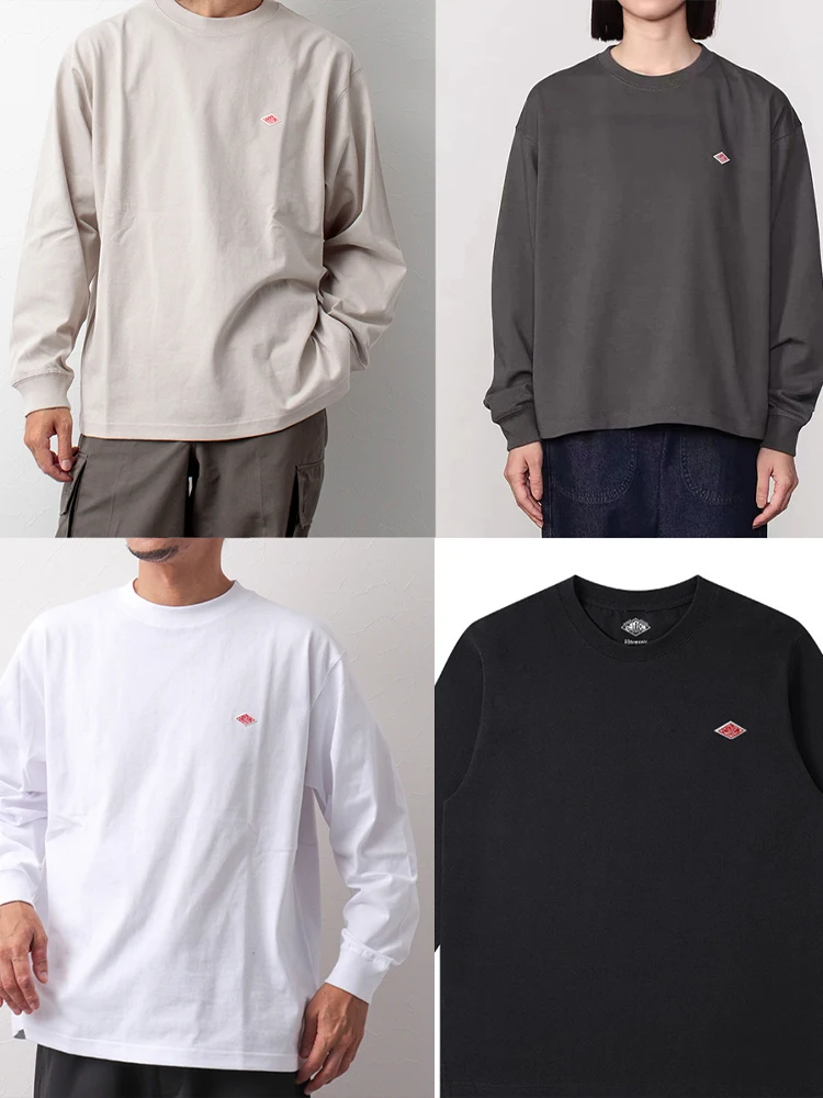 秋輸出日本スタイルクラシックファッション固体シンプルなルーズ長袖コットン Tシャツトップマン小さなアイコン刺繍 Tシャツ